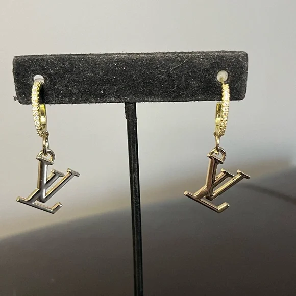 Upcycled LV Louis Vuitton Stamped Charm Dangle Earrings - Picture 7 of 9